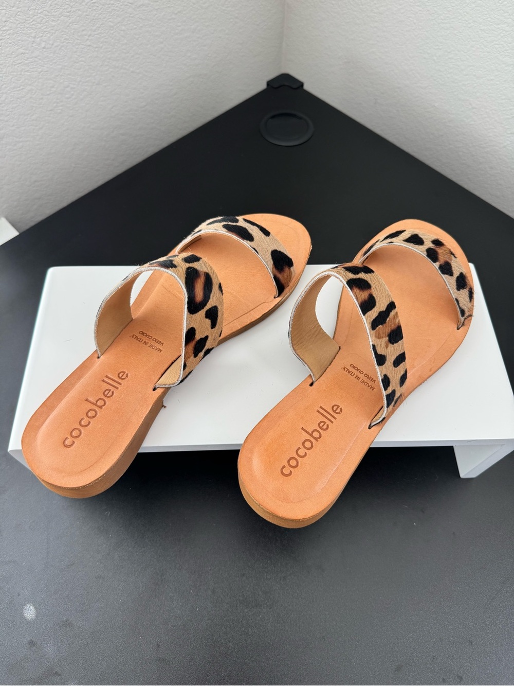 Cocobelle Leopard Print Double Strap Slide Sandals - Tan/Black - Picture 3 of 5